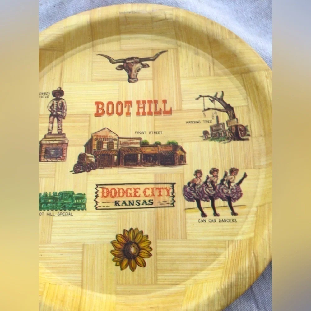 Vintage 13” Dodge city Kansas bamboo plate Boot Hill‎ Midwest Route 66 boho MCM